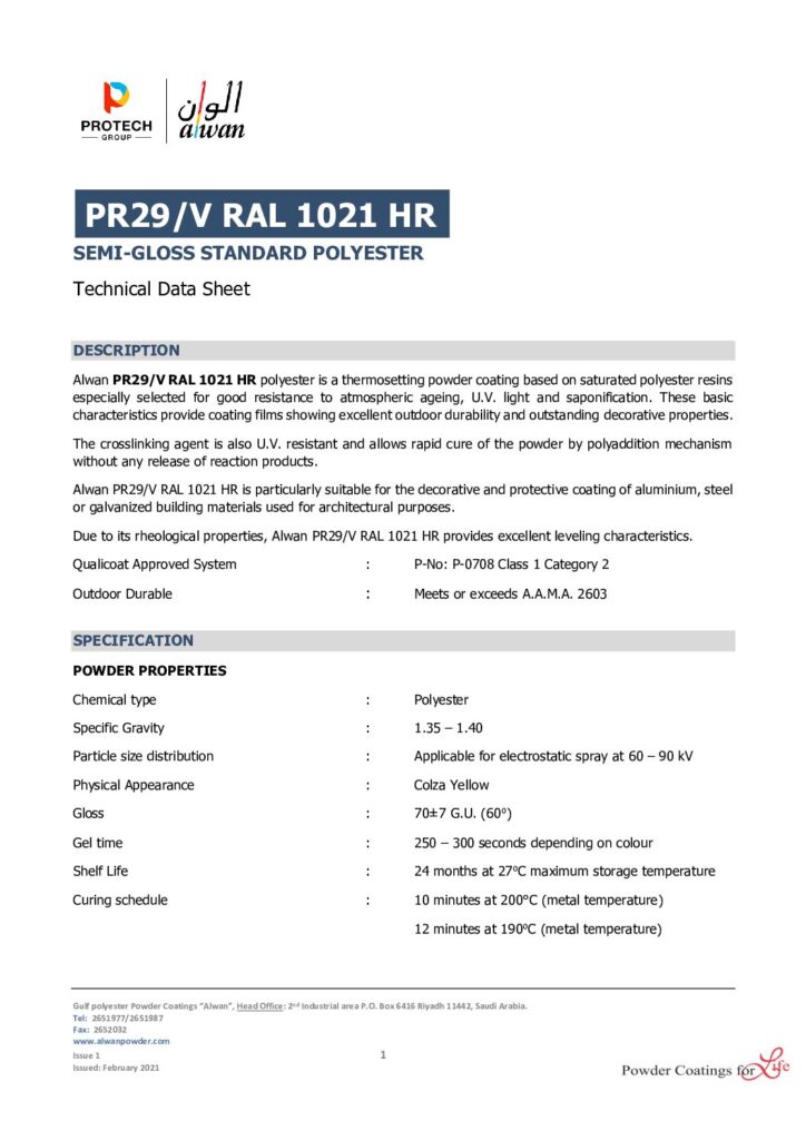 ALWAN – Powder Coating – TDS PR29 RAL 1021 HR