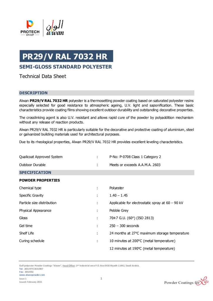 ALWAN – Powder Coating – TDS PR29 RAL 7032 HR