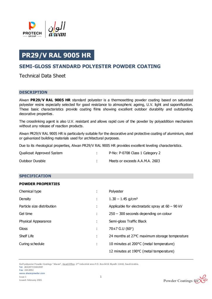 ALWAN – Powder Coating – TDS PR29 V RAL 9005 HR