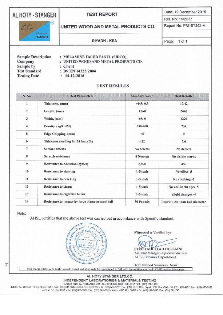 SIDCO – melamine CERTIFICATES NEW