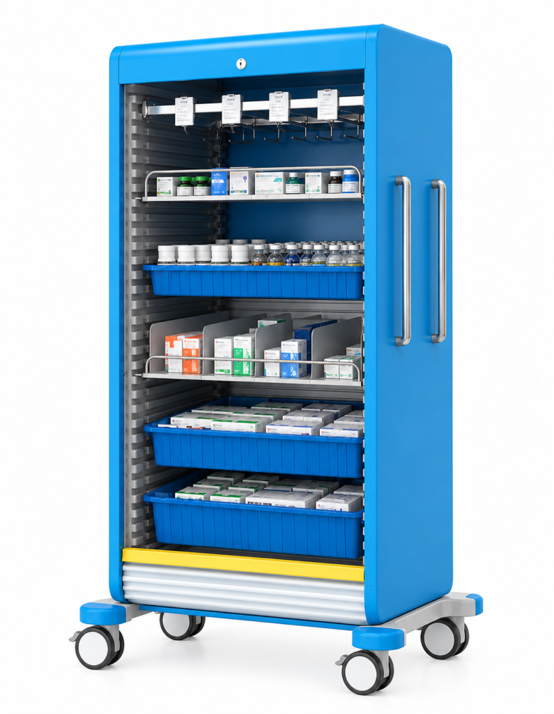 Blue Medical Cabinet with Organized Interior